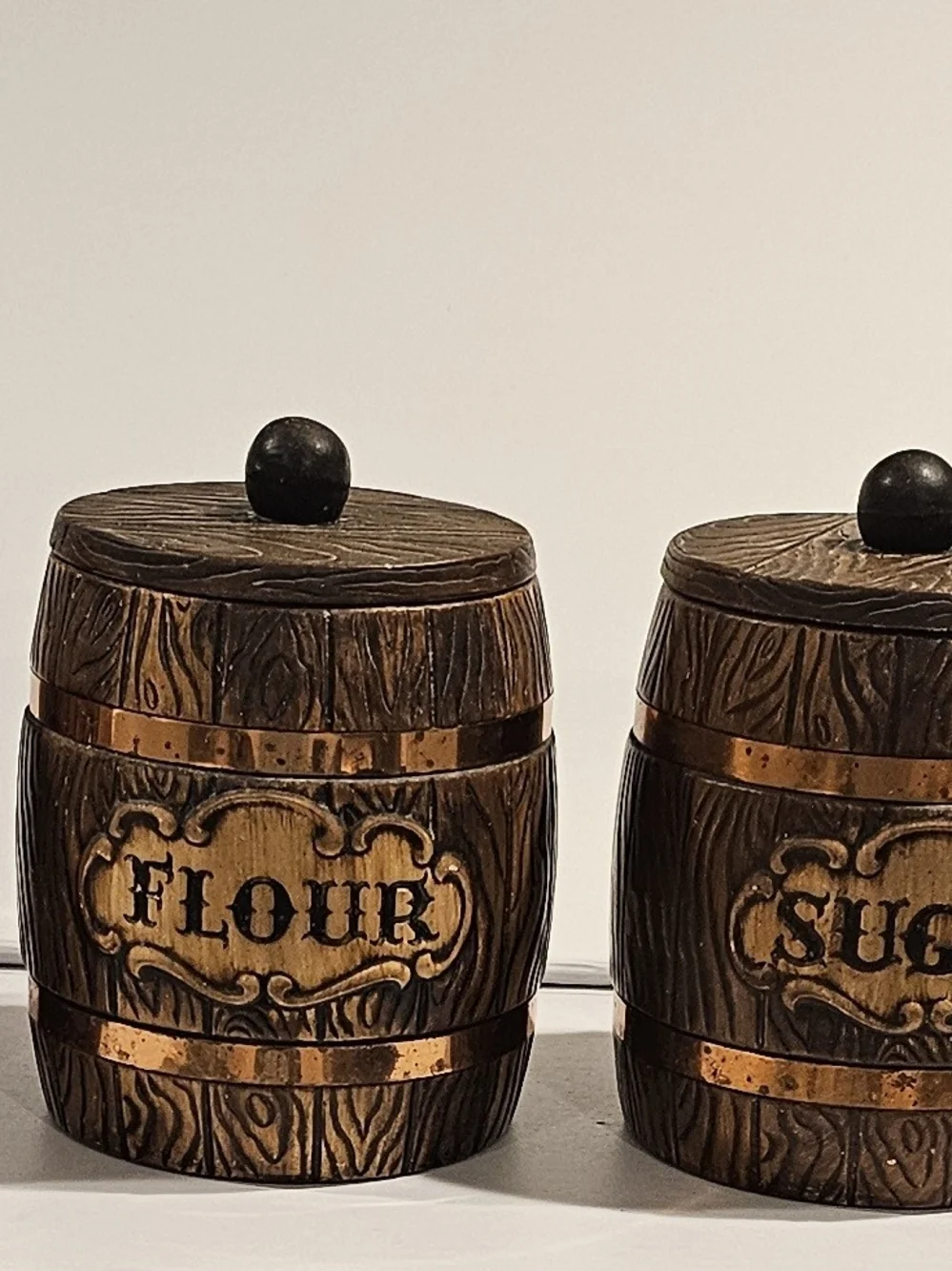 Vintage Treasure Craft Wood Grain Barrel Ceramic Canisters - Brown & Gold